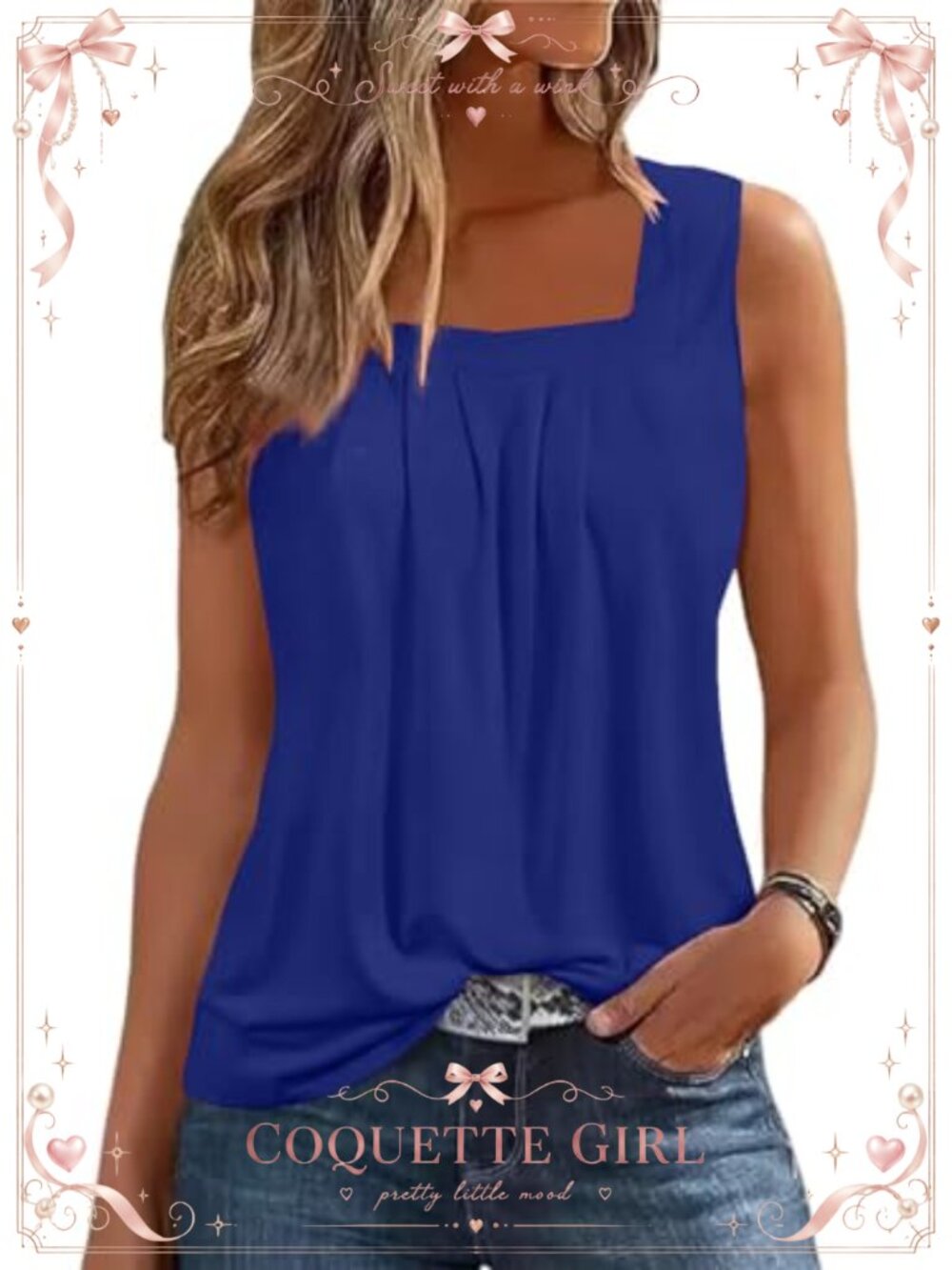 Women's Loose Fit Pleated Square Neck Sleeveless Tank Top Flowy Casual Summer